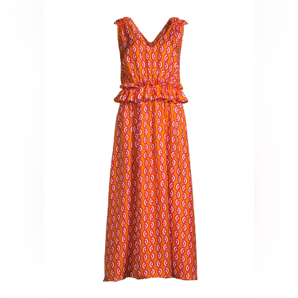 Mimi Orange Twister Print Silk Twill Midi Dress Lisou